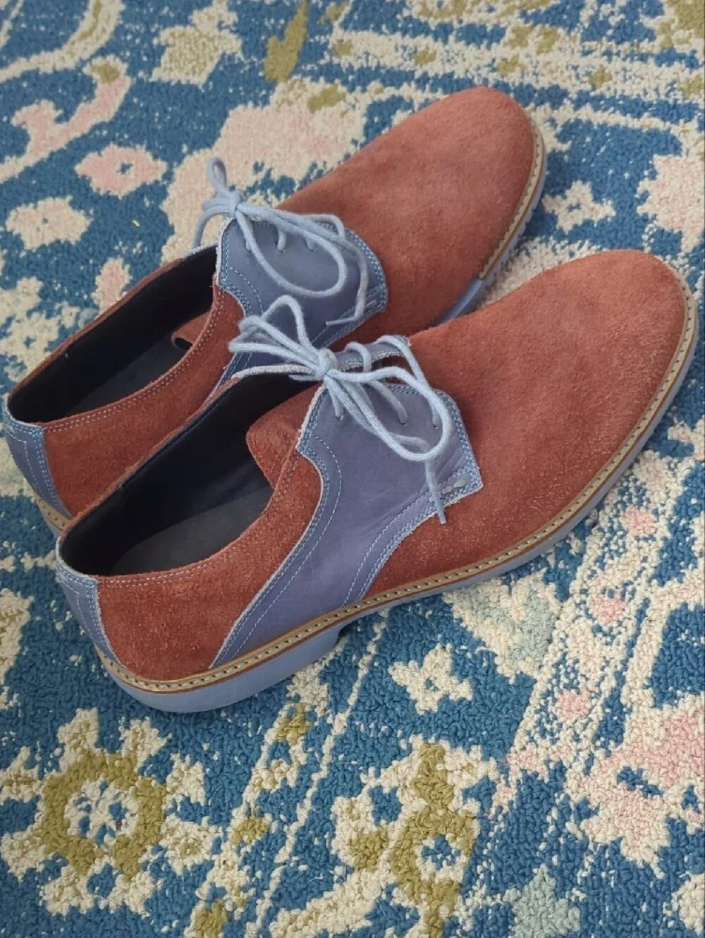 Cole Haan Two-Tone Suede & Leather Lace-Up Oxfords — Rust & Light Blue